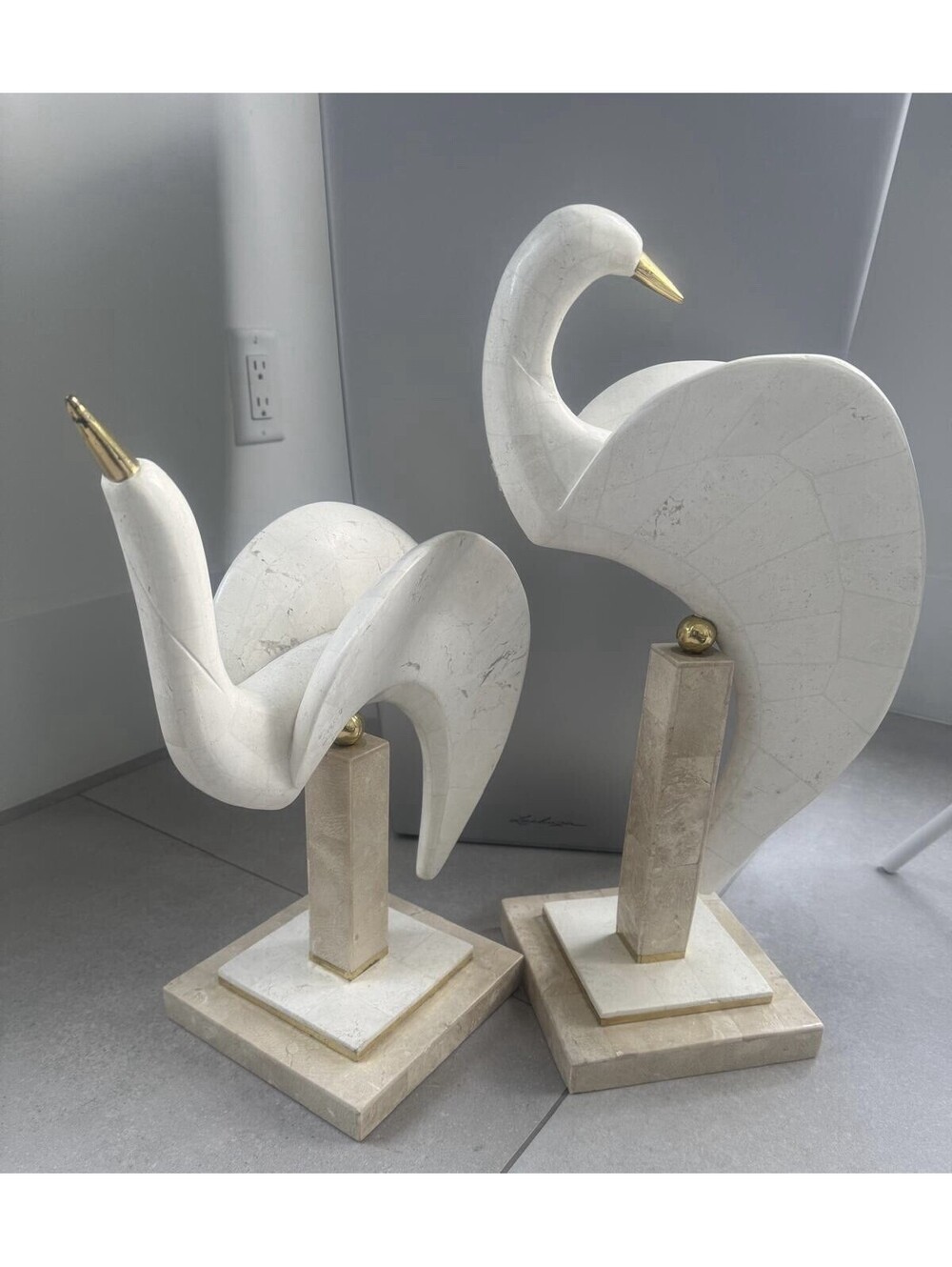 Vintage Maitland‑Smith Postmodern Tessellated Stone & Brass Egrets Sculptures